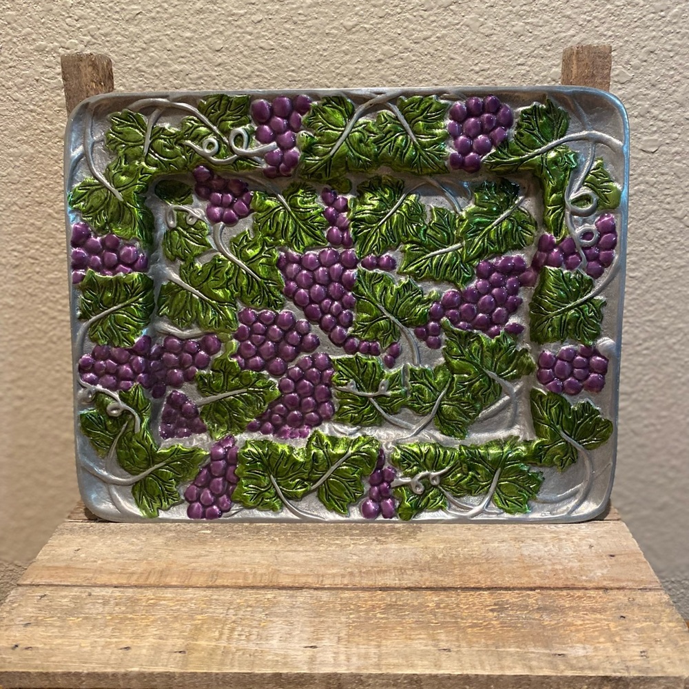 Grape Themed Silver Plated Tray, Purple Grapes Green Leaves & Vines Tray